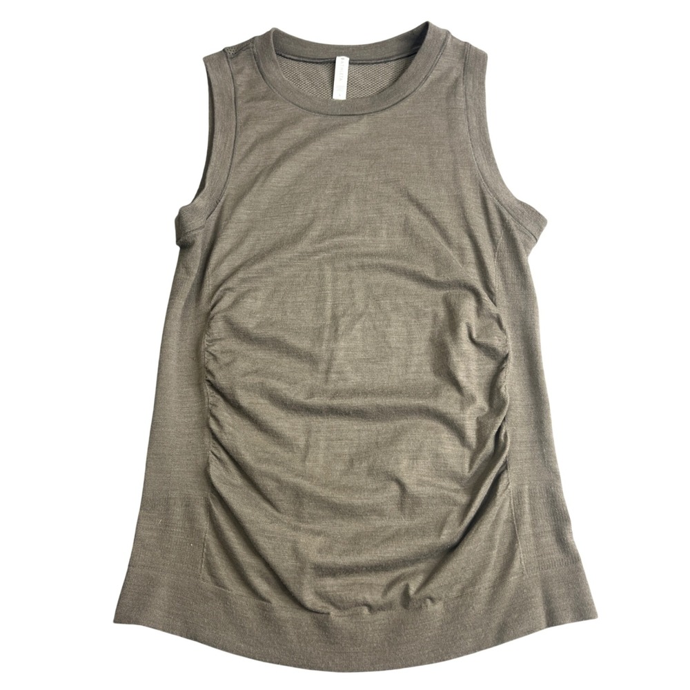Athleta Women Large Wool Blend Ruched Side Tank Top Mesh Back Olive Brown 486285